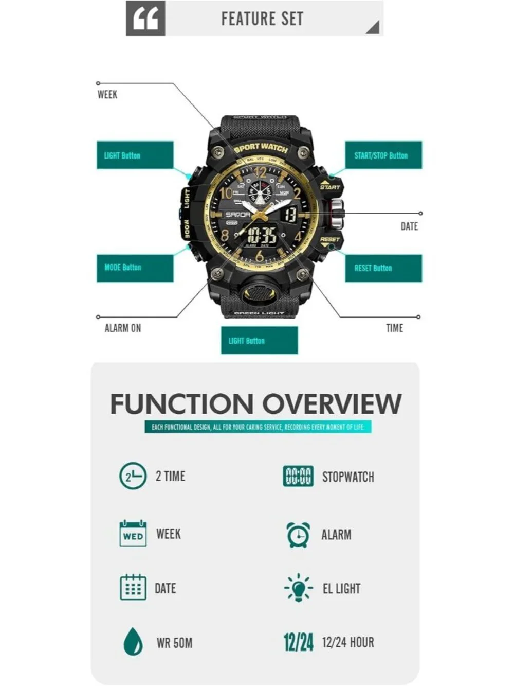 Men's Black Gold Analog Quartz Waterproof Multi Function Tactics Digital Watch
